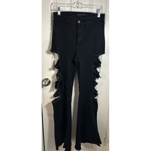Purple‎ Candy Women's Black Denim Flare Jeans Size Large Distressed